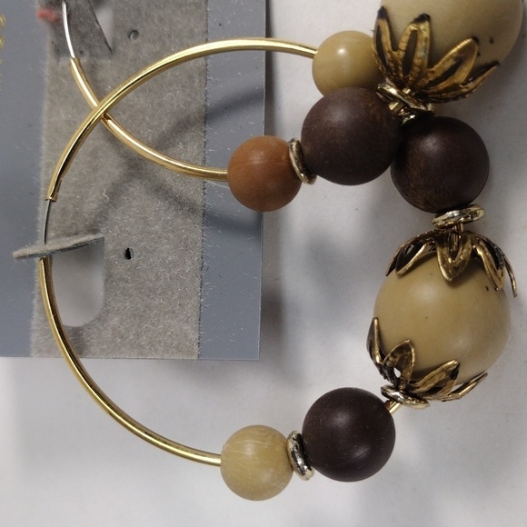 Boho Beaded Hoop Earrings – Natural Wood Look Beads, Gold-Tone Wire – Jewelry #2 - Picture 6 of 7